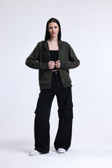 Haki Kapüşonlu Pamuklu Fermuarlı Hırka