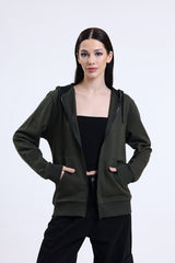 Haki Kapüşonlu Pamuklu Fermuarlı Hırka