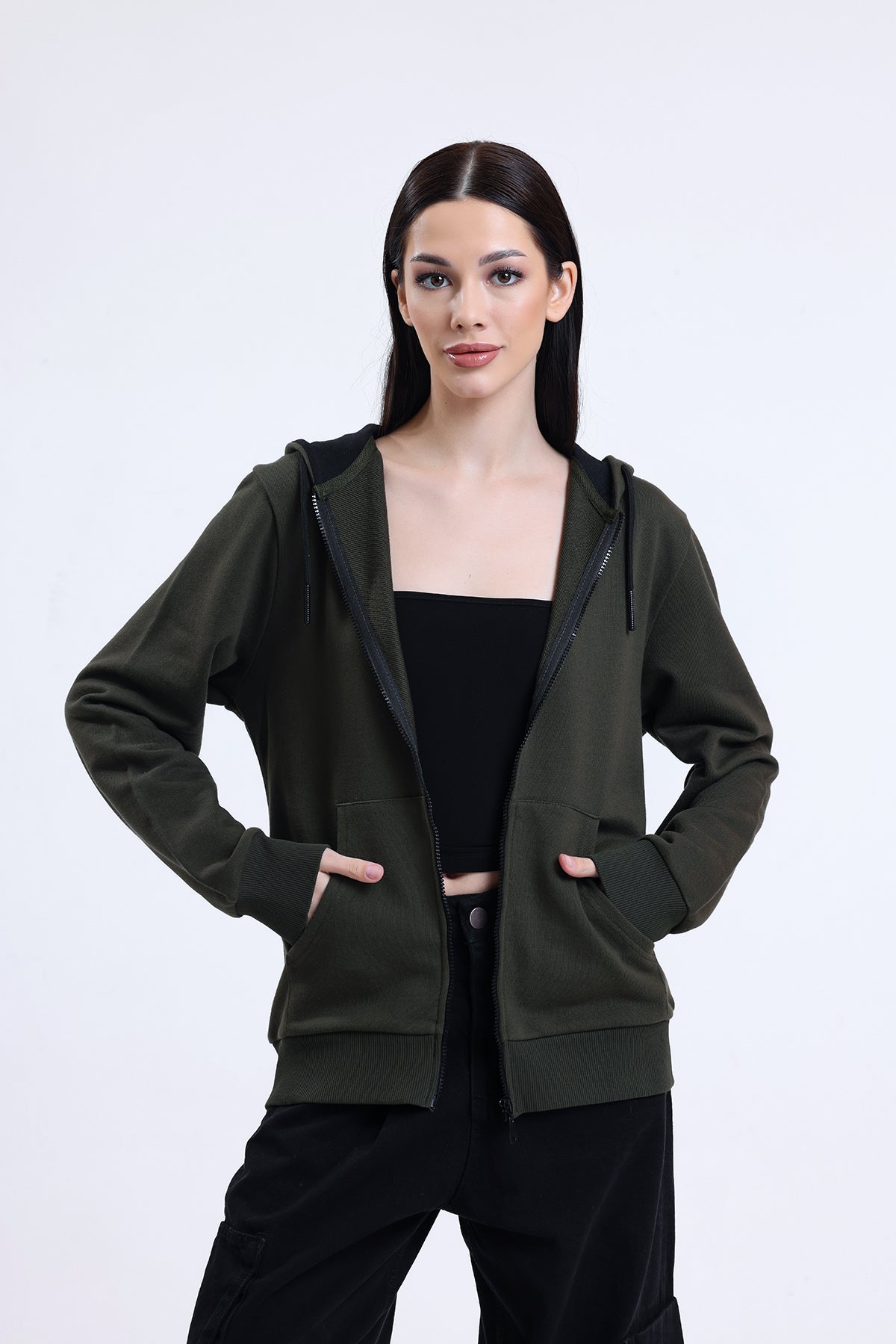 Haki Kapüşonlu Pamuklu Fermuarlı Hırka