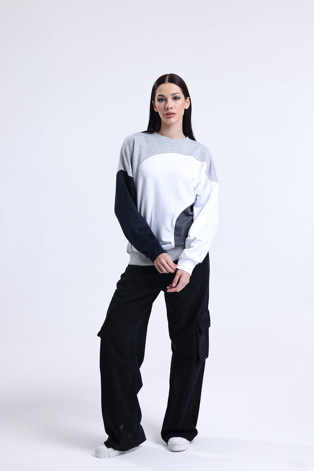 Gri Melanj Parçalı Bisiklet Yaka Sweatshirt