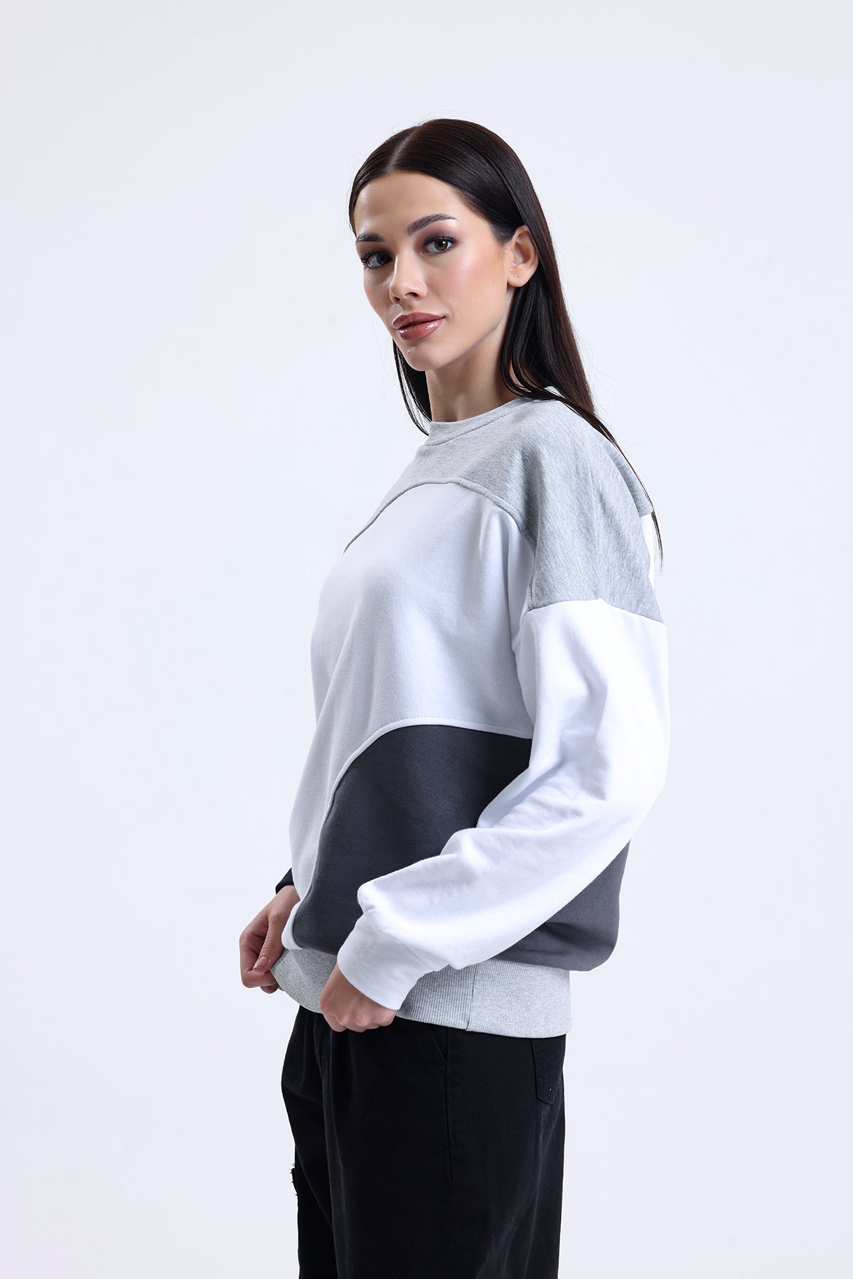 Gri Melanj Parçalı Bisiklet Yaka Sweatshirt