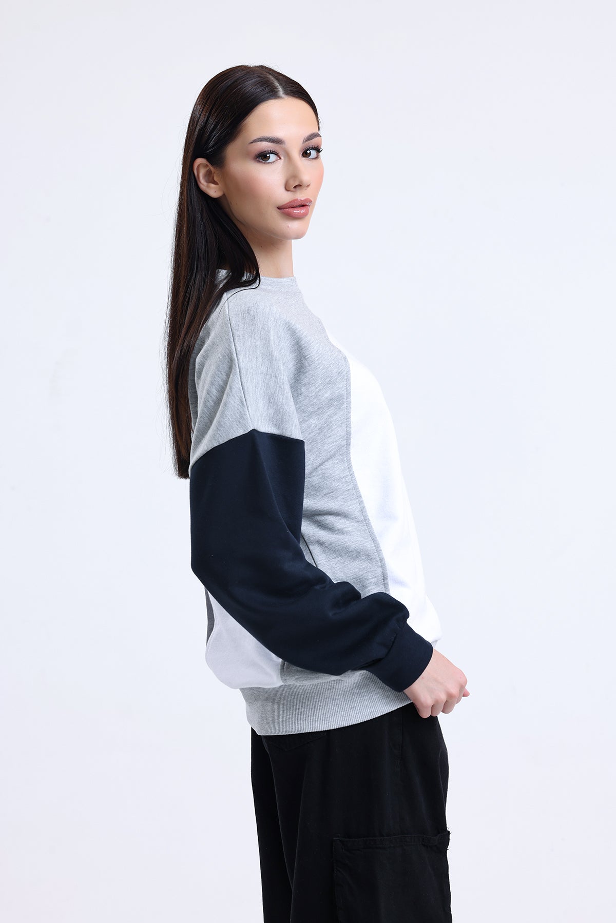 Gri Melanj Parçalı Bisiklet Yaka Sweatshirt