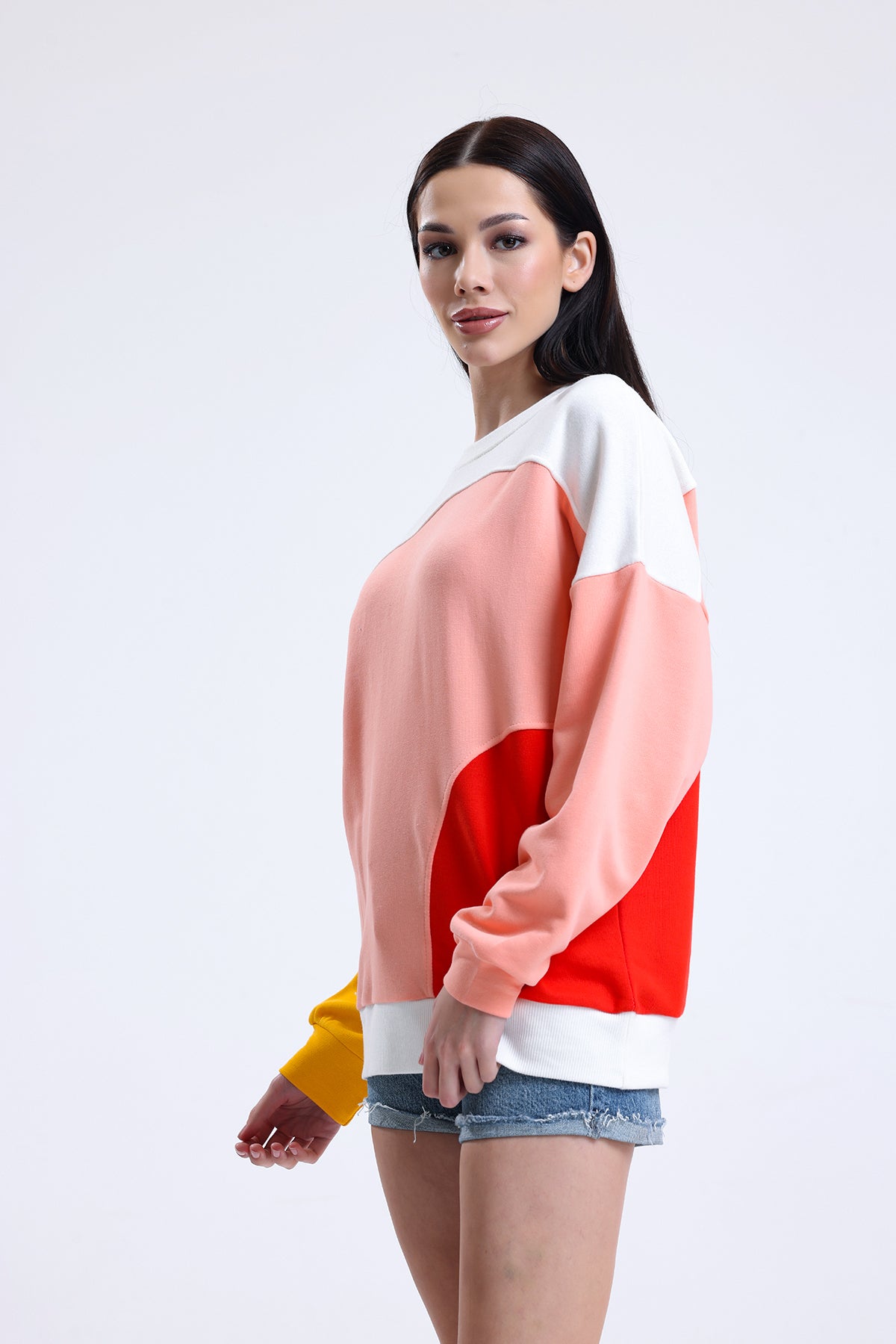 Ekru Parçalı Bisiklet Yaka Sweatshirt