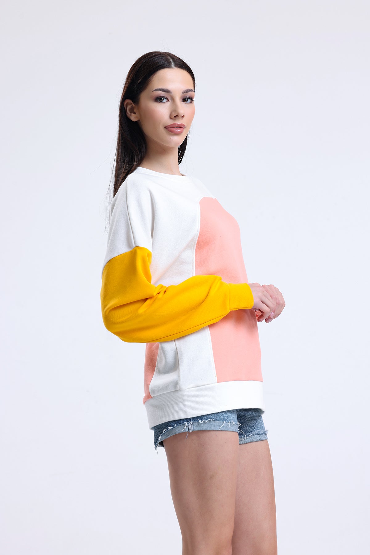 Ekru Parçalı Bisiklet Yaka Sweatshirt