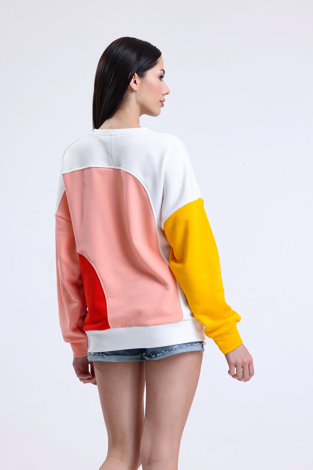 Ekru Parçalı Bisiklet Yaka Sweatshirt