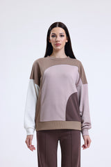 Camel Parçalı Bisiklet Yaka Sweatshirt