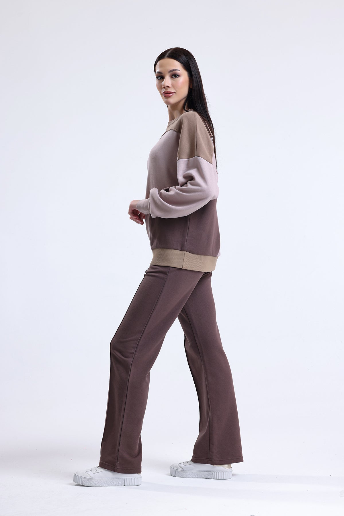 Camel Parçalı Bisiklet Yaka Sweatshirt