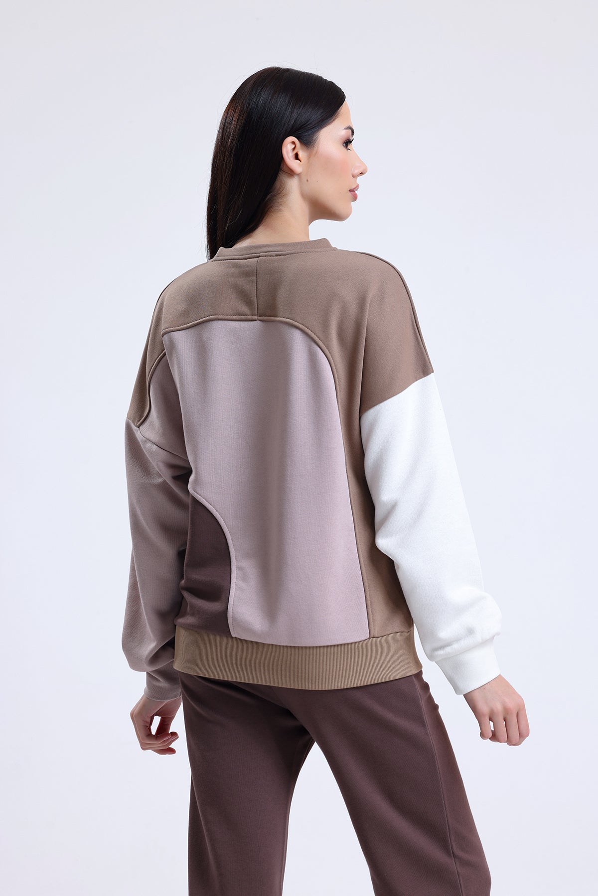 Camel Parçalı Bisiklet Yaka Sweatshirt