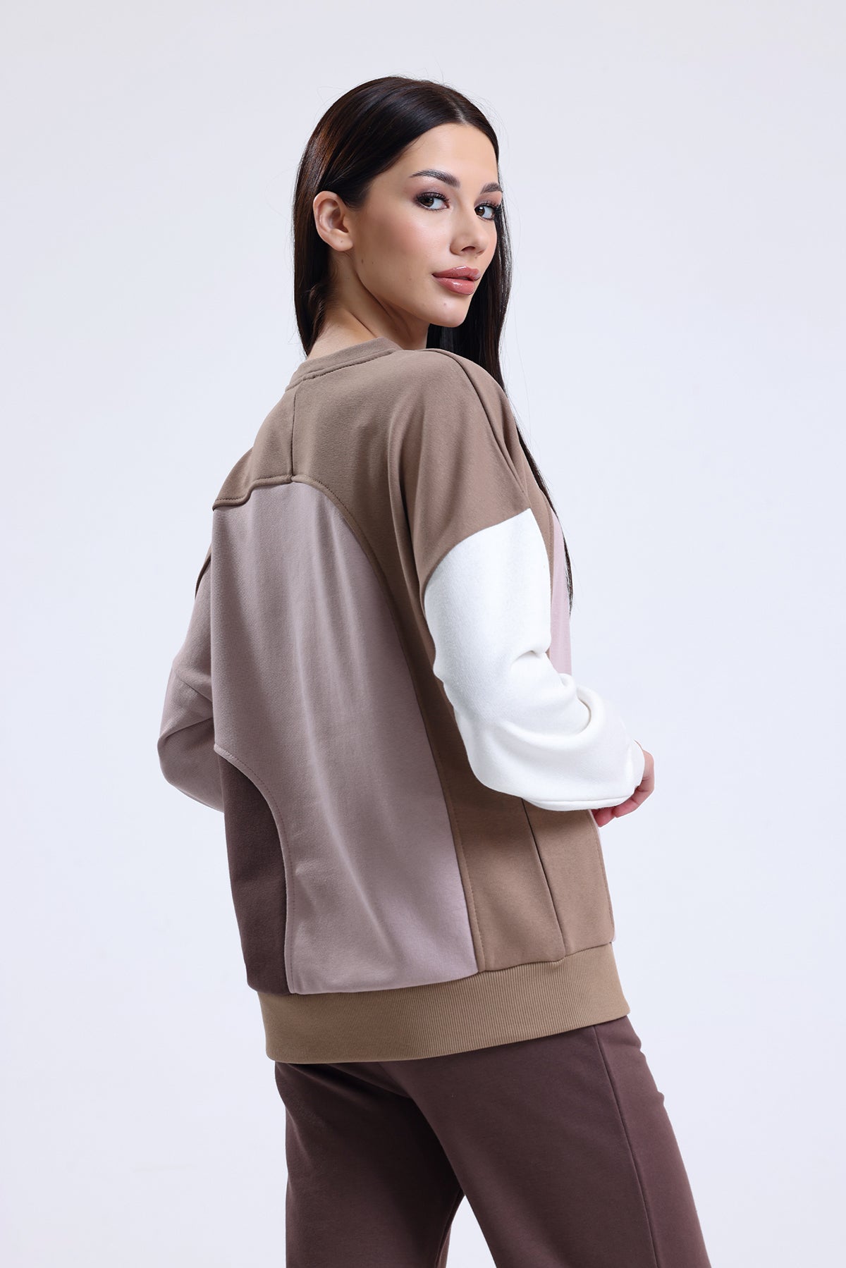 Camel Parçalı Bisiklet Yaka Sweatshirt