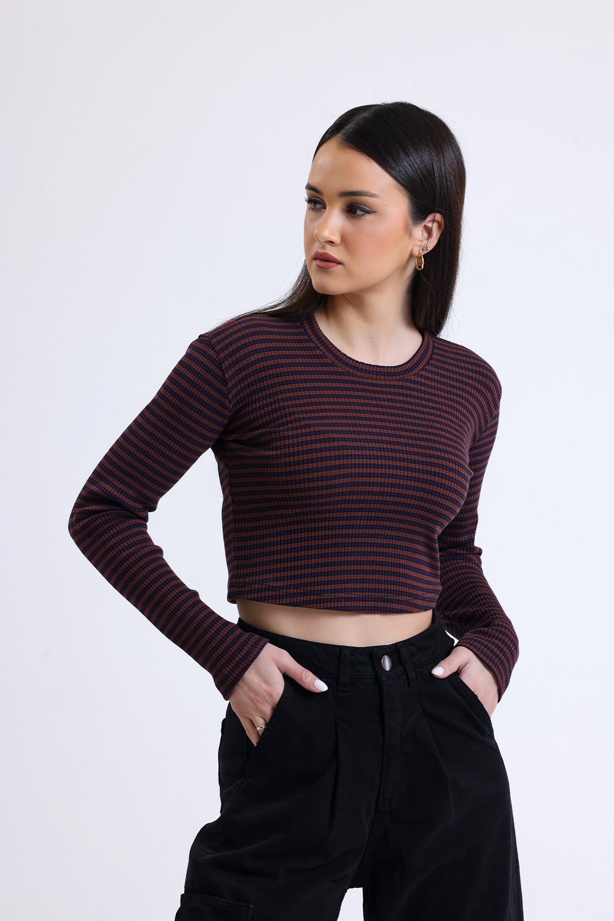 Kahverengi Çizgili Fitilli Kaşkorse Bisiklet Yaka Uzun Kollu Crop Tişört