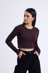 Kahverengi Çizgili Fitilli Kaşkorse Bisiklet Yaka Uzun Kollu Crop Tişört