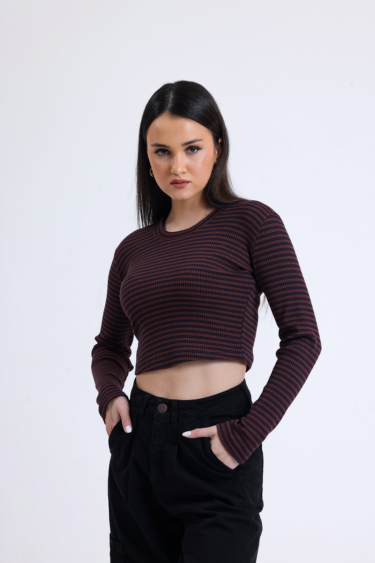 Kahverengi Çizgili Fitilli Kaşkorse Bisiklet Yaka Uzun Kollu Crop Tişört