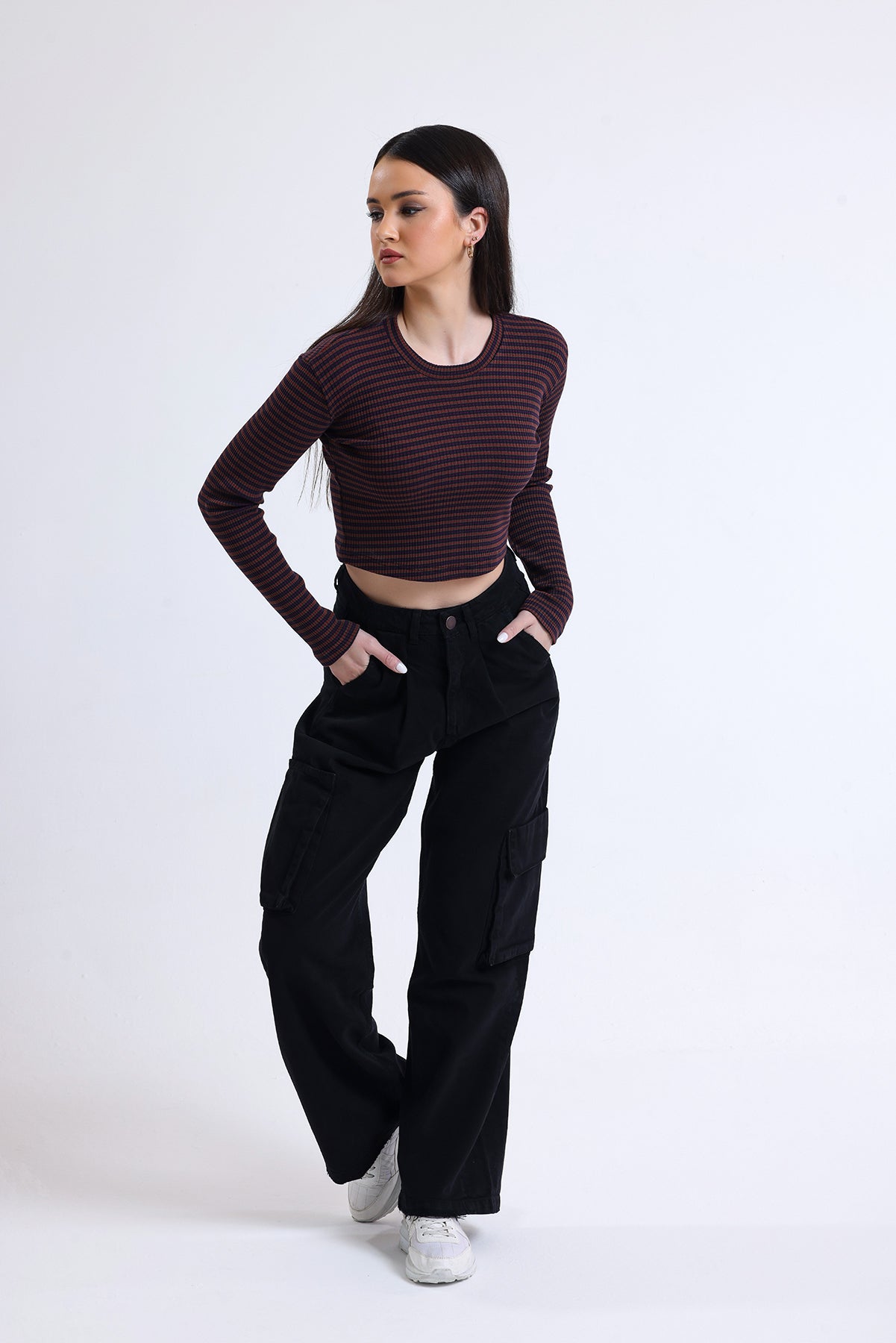 Kahverengi Çizgili Fitilli Kaşkorse Bisiklet Yaka Uzun Kollu Crop Tişört