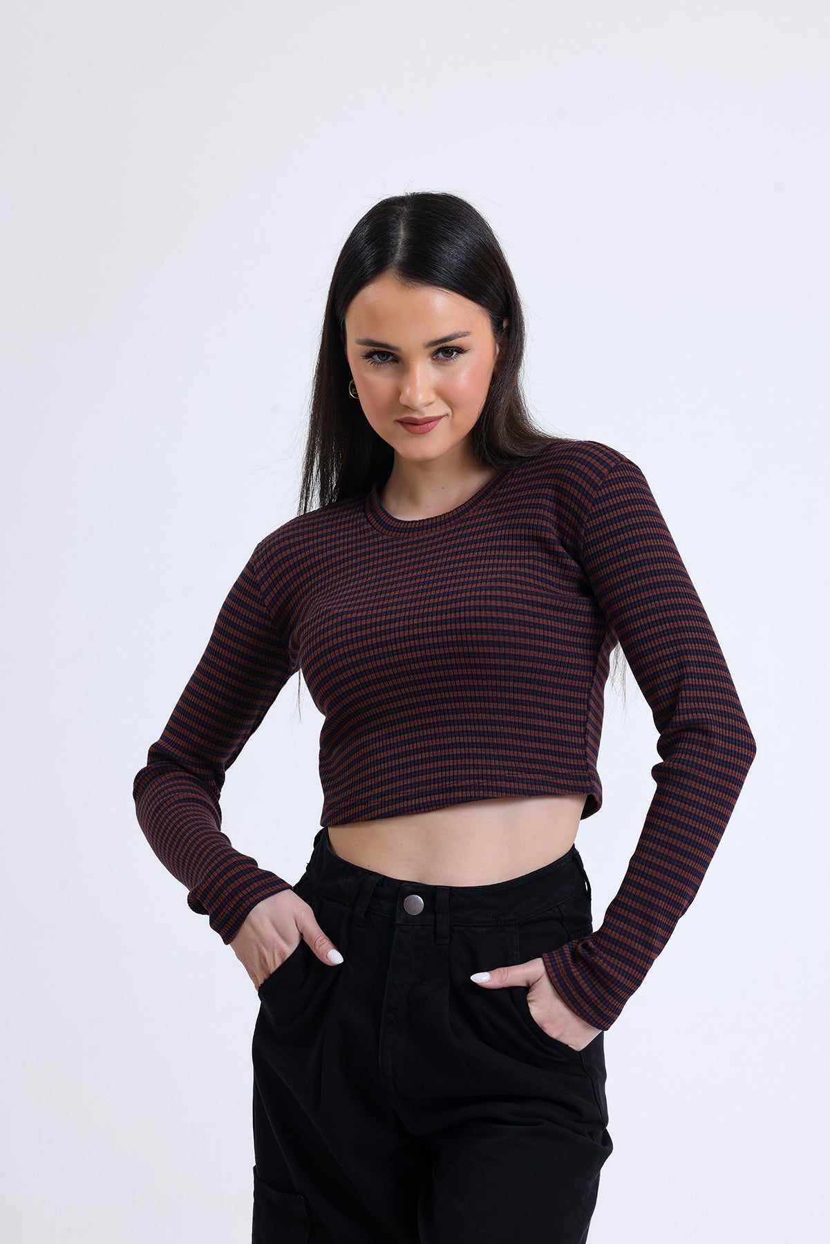 Kahverengi Çizgili Fitilli Kaşkorse Bisiklet Yaka Uzun Kollu Crop Tişört