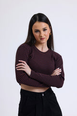 Kahverengi Çizgili Fitilli Kaşkorse Bisiklet Yaka Uzun Kollu Crop Tişört