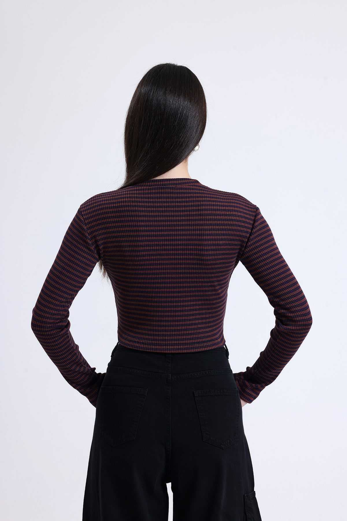 Kahverengi Çizgili Fitilli Kaşkorse Bisiklet Yaka Uzun Kollu Crop Tişört