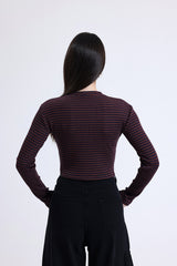 Kahverengi Çizgili Fitilli Kaşkorse Bisiklet Yaka Uzun Kollu Crop Tişört