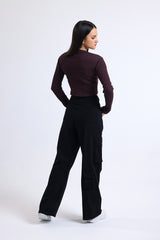 Kahverengi Çizgili Fitilli Kaşkorse Bisiklet Yaka Uzun Kollu Crop Tişört