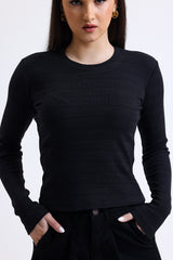 Siyah Fitilli Kaşkorse Bisiklet Yaka Uzun Kollu Tişört