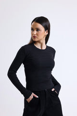 Siyah Fitilli Kaşkorse Bisiklet Yaka Uzun Kollu Tişört