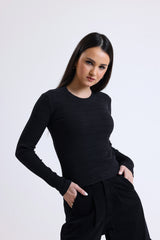 Siyah Fitilli Kaşkorse Bisiklet Yaka Uzun Kollu Tişört