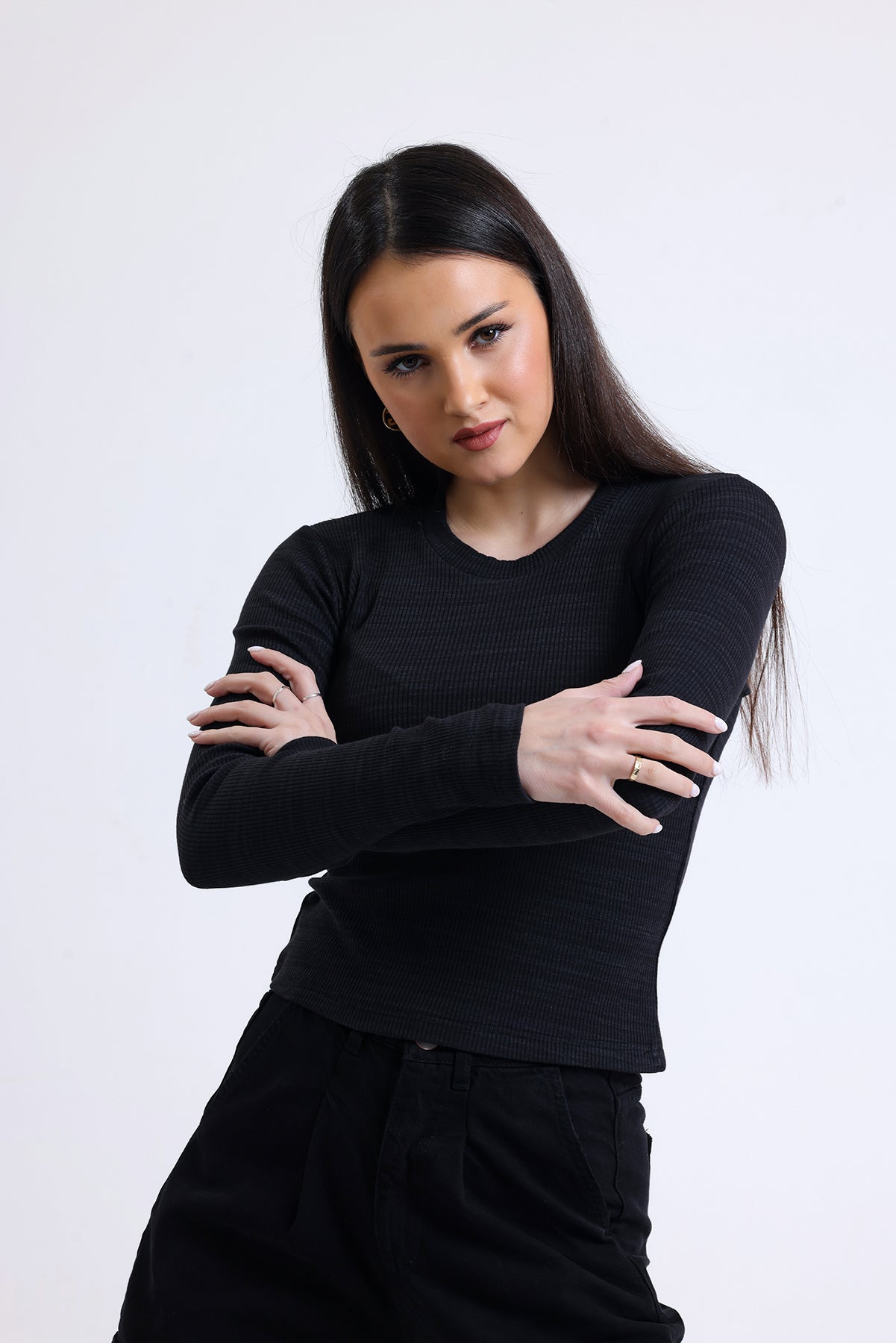 Siyah Fitilli Kaşkorse Bisiklet Yaka Uzun Kollu Tişört