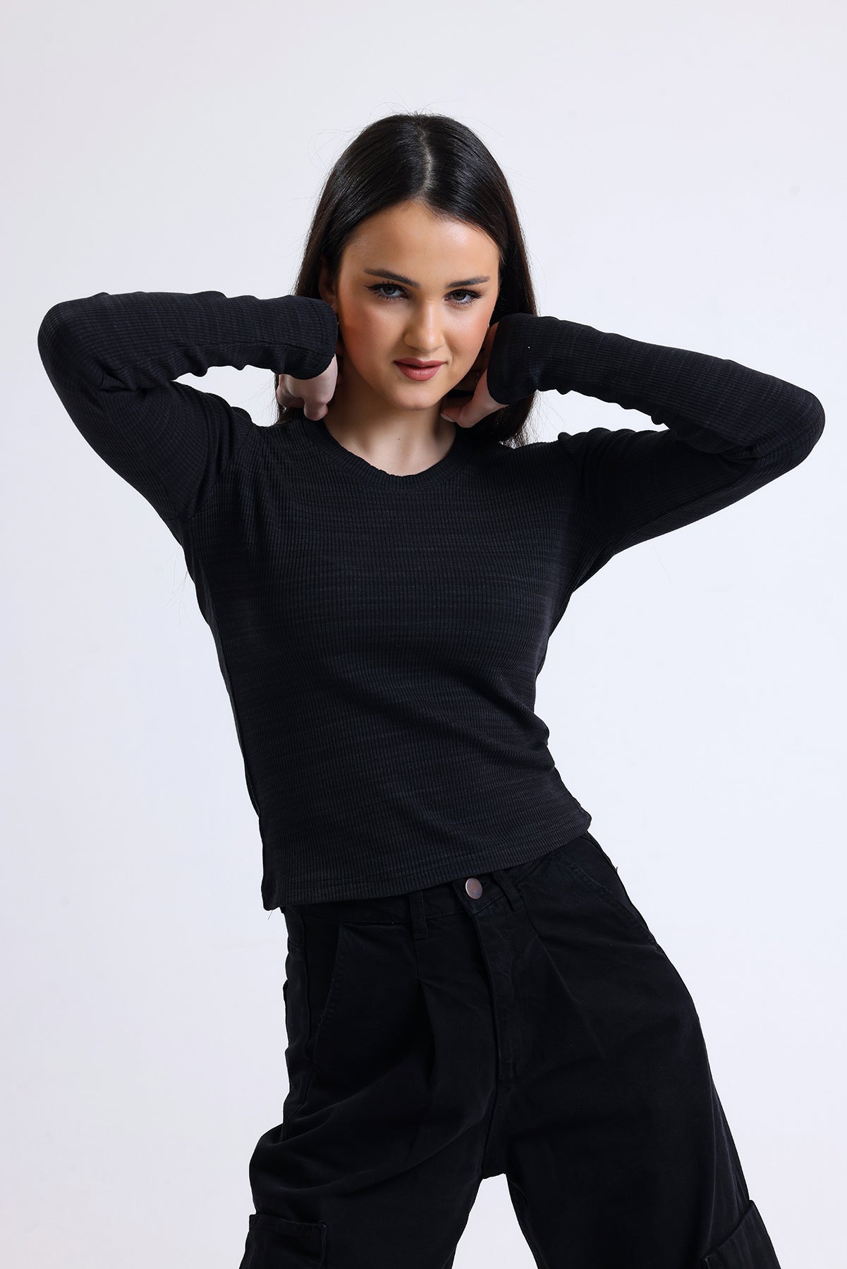 Siyah Fitilli Kaşkorse Bisiklet Yaka Uzun Kollu Tişört