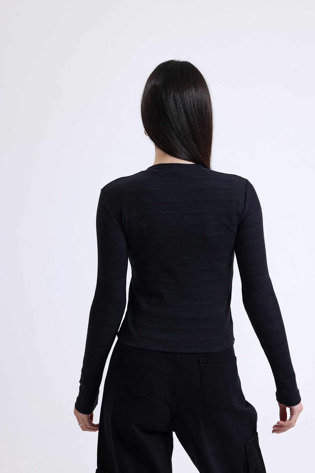 Siyah Fitilli Kaşkorse Bisiklet Yaka Uzun Kollu Tişört