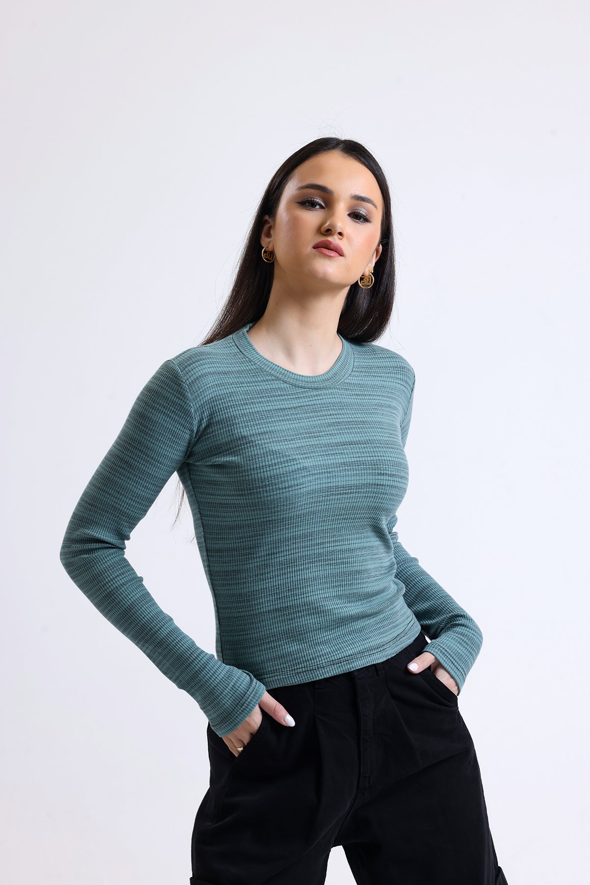 Çağla Fitilli Kaşkorse Bisiklet Yaka Uzun Kollu Tişört