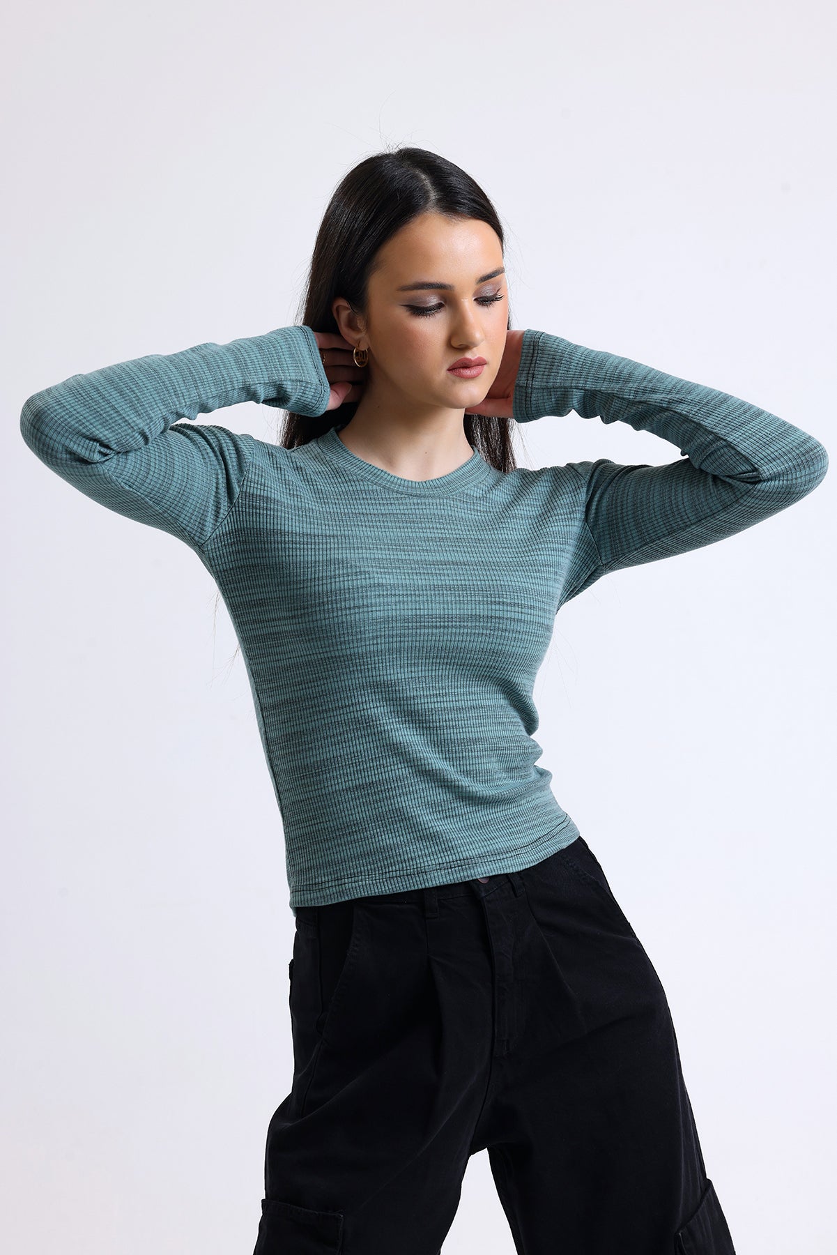 Çağla Fitilli Kaşkorse Bisiklet Yaka Uzun Kollu Tişört