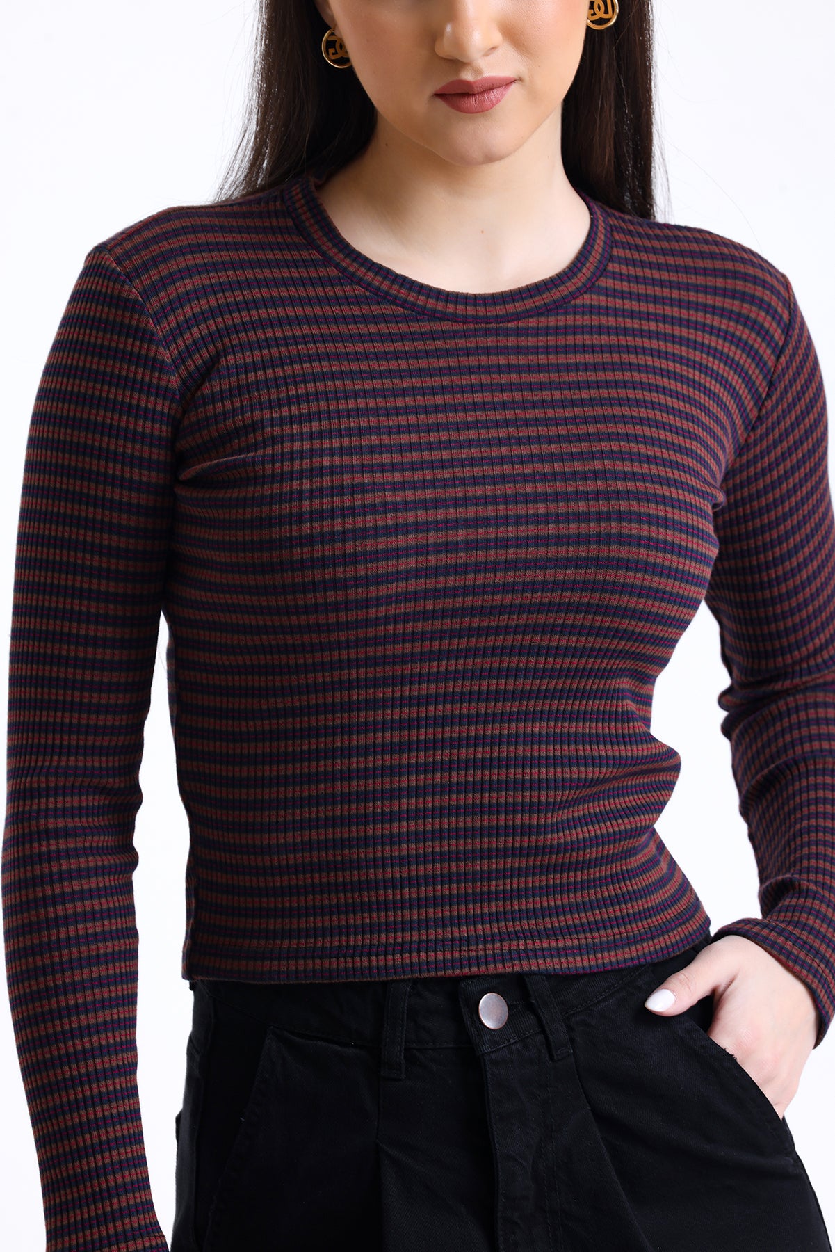 Kahverengi Lacivert Çizgili Fitilli Kaşkorse Bisiklet Yaka Uzun Kollu Tişört