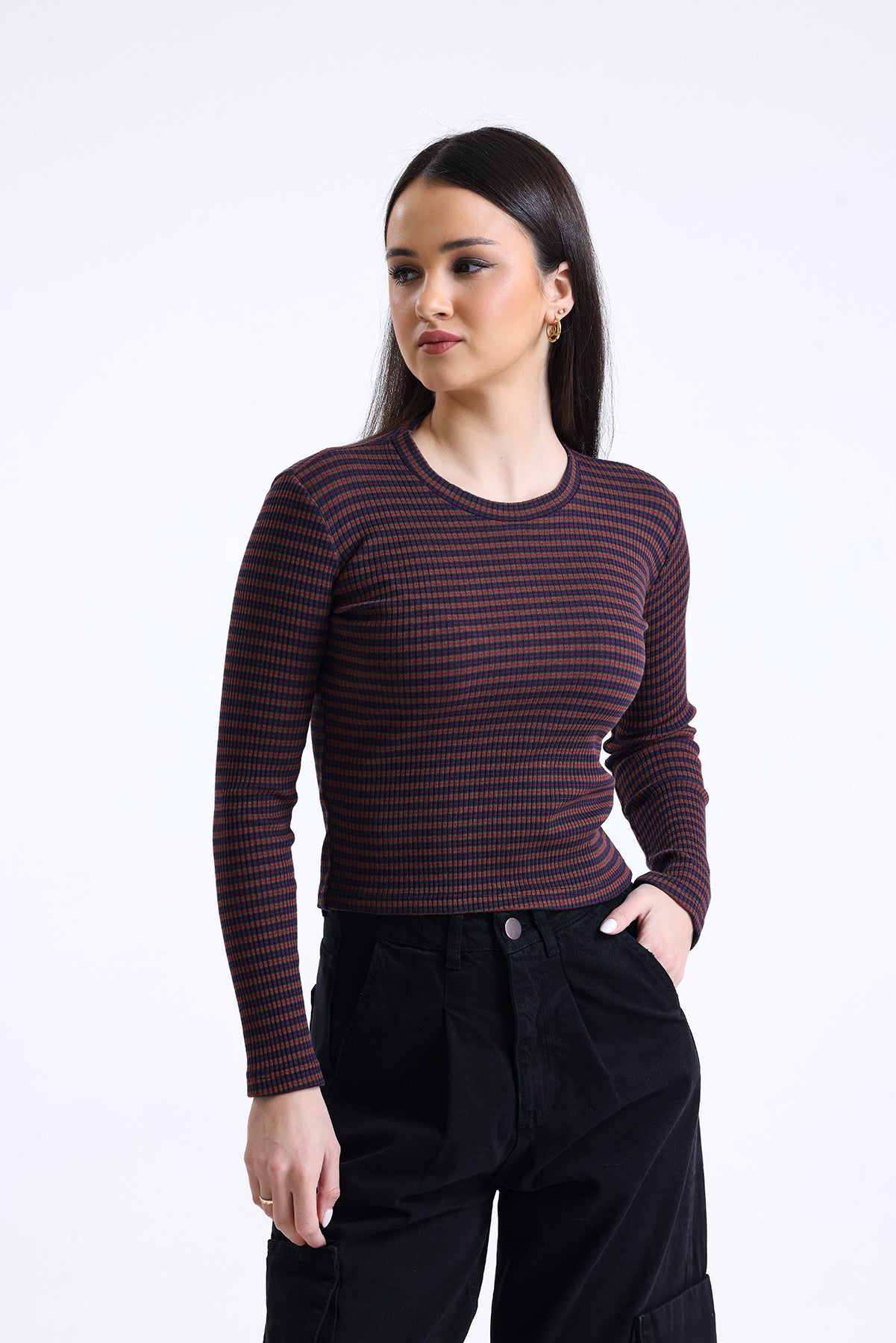 Kahverengi Lacivert Çizgili Fitilli Kaşkorse Bisiklet Yaka Uzun Kollu Tişört