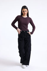 Kahverengi Lacivert Çizgili Fitilli Kaşkorse Bisiklet Yaka Uzun Kollu Tişört