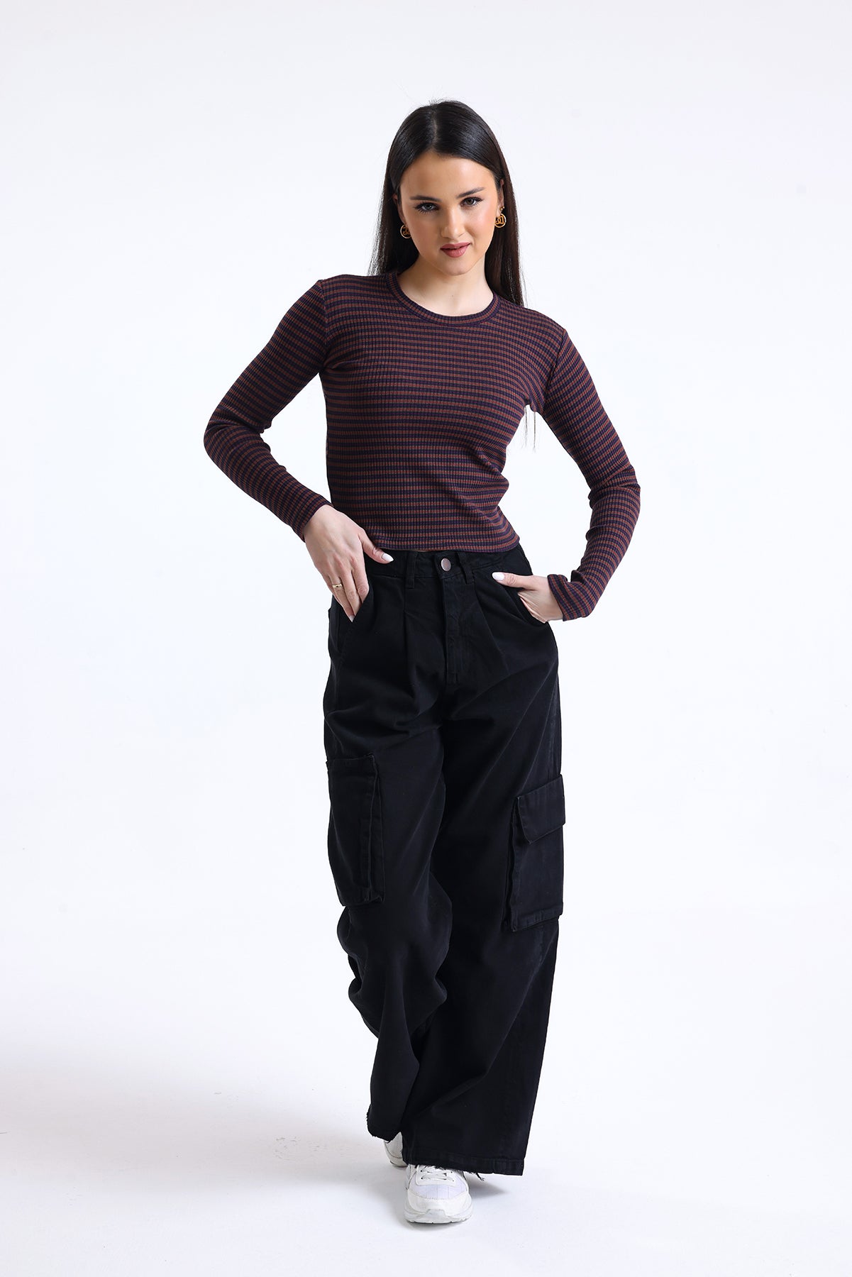 Kahverengi Lacivert Çizgili Fitilli Kaşkorse Bisiklet Yaka Uzun Kollu Tişört