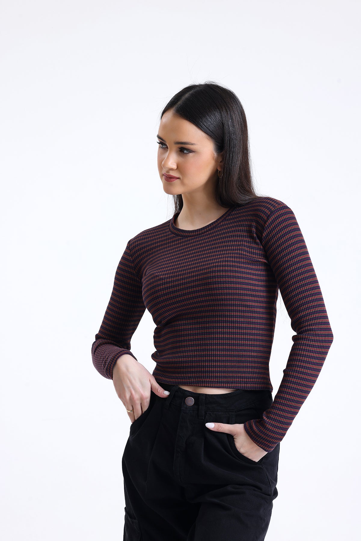 Kahverengi Lacivert Çizgili Fitilli Kaşkorse Bisiklet Yaka Uzun Kollu Tişört