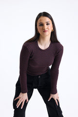 Kahverengi Lacivert Çizgili Fitilli Kaşkorse Bisiklet Yaka Uzun Kollu Tişört