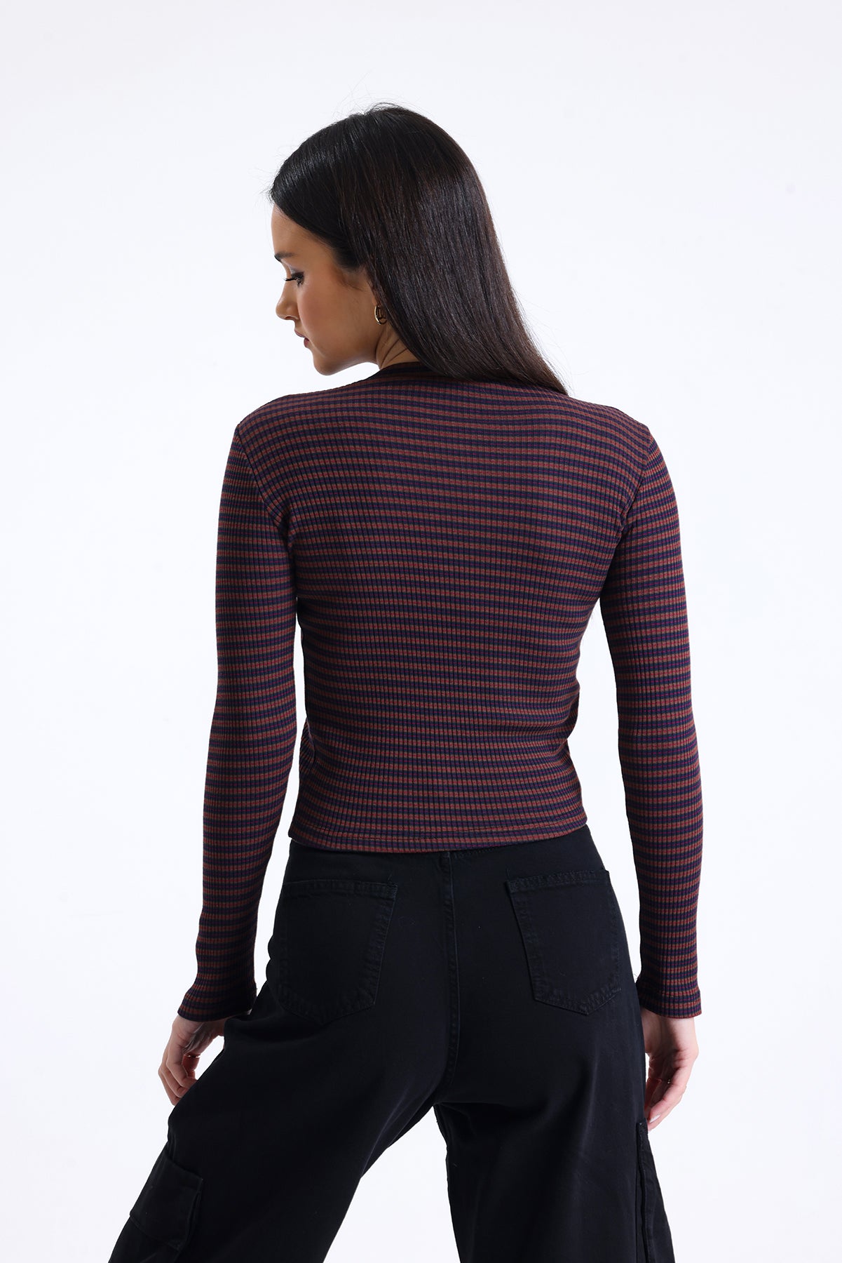 Kahverengi Lacivert Çizgili Fitilli Kaşkorse Bisiklet Yaka Uzun Kollu Tişört