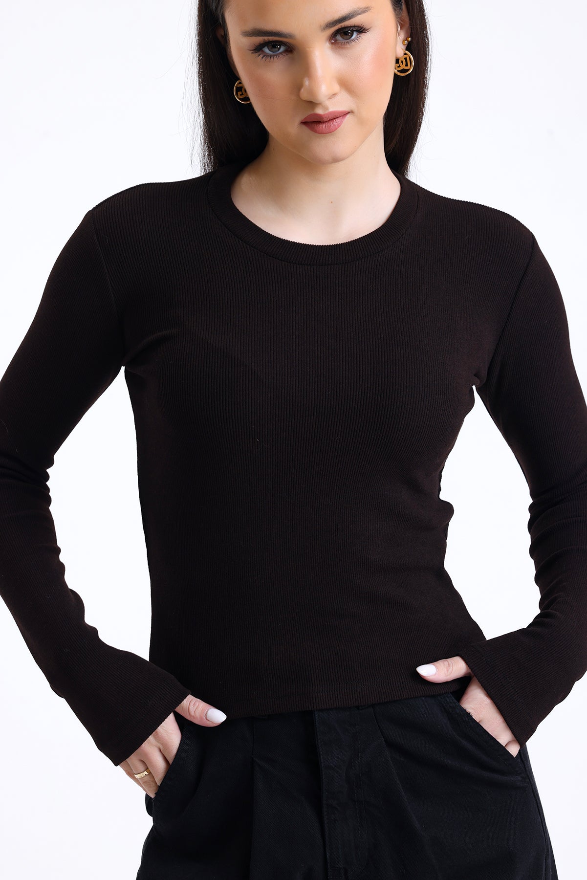 Kahverengi Fitilli Kaşkorse Bisiklet Yaka Uzun Kollu Tişört