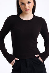 Kahverengi Fitilli Kaşkorse Bisiklet Yaka Uzun Kollu Tişört