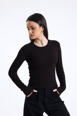 Kahverengi Fitilli Kaşkorse Bisiklet Yaka Uzun Kollu Tişört