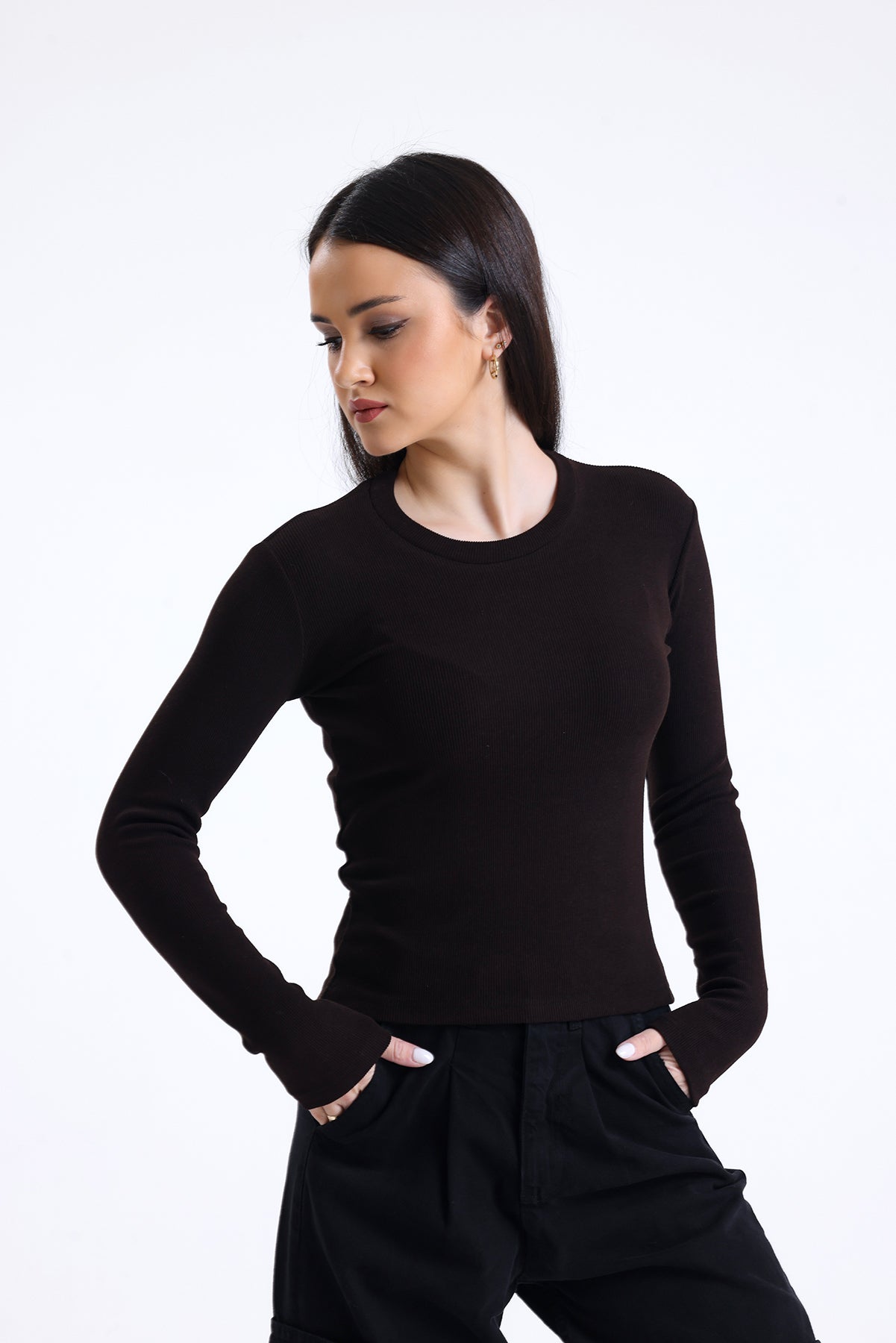 Kahverengi Fitilli Kaşkorse Bisiklet Yaka Uzun Kollu Tişört