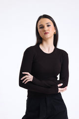 Kahverengi Fitilli Kaşkorse Bisiklet Yaka Uzun Kollu Tişört