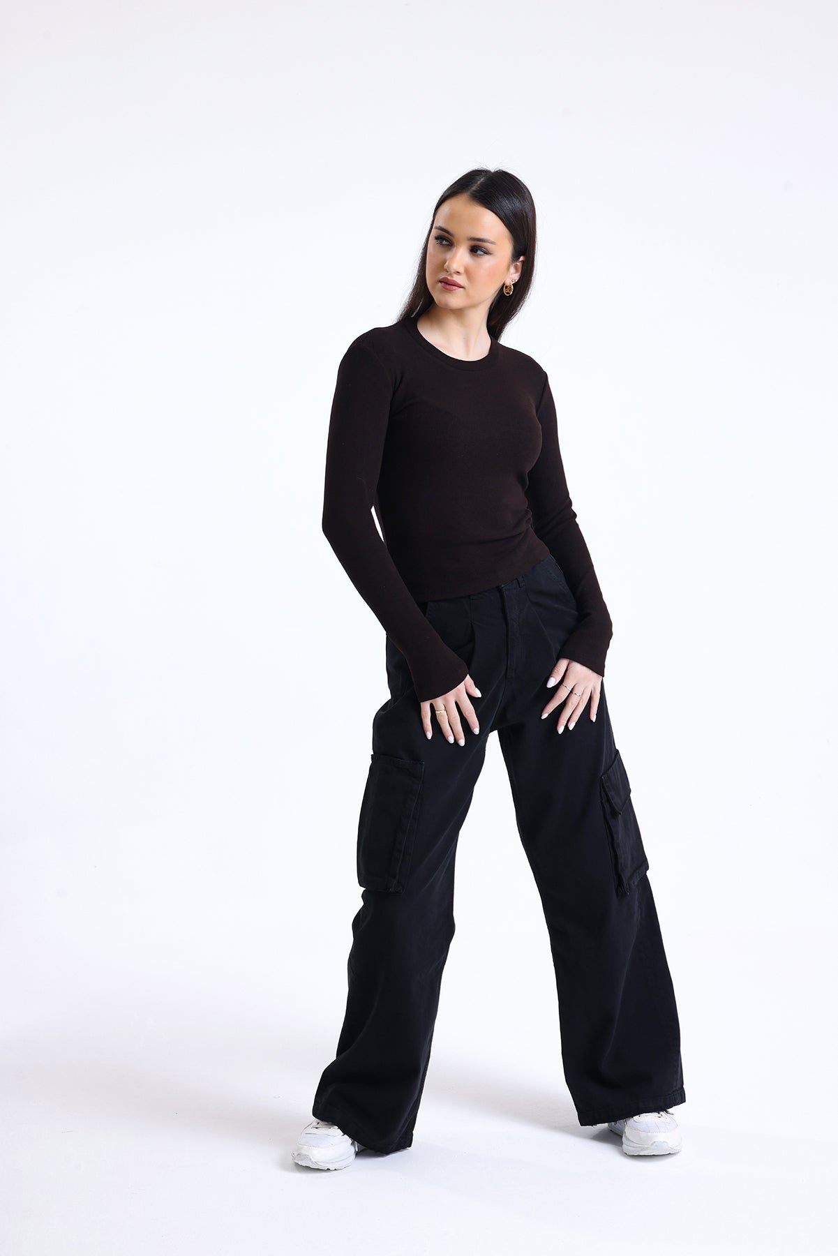 Kahverengi Fitilli Kaşkorse Bisiklet Yaka Uzun Kollu Tişört