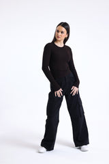 Kahverengi Fitilli Kaşkorse Bisiklet Yaka Uzun Kollu Tişört