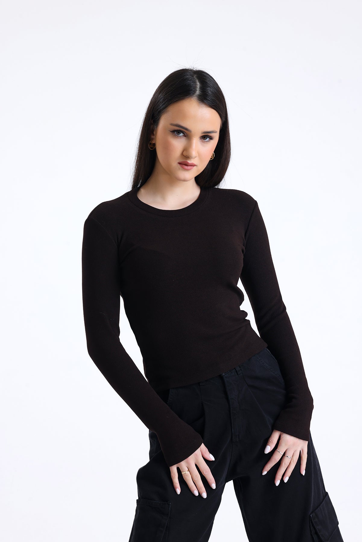 Kahverengi Fitilli Kaşkorse Bisiklet Yaka Uzun Kollu Tişört