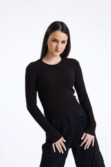 Kahverengi Fitilli Kaşkorse Bisiklet Yaka Uzun Kollu Tişört