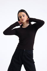 Kahverengi Fitilli Kaşkorse Bisiklet Yaka Uzun Kollu Tişört