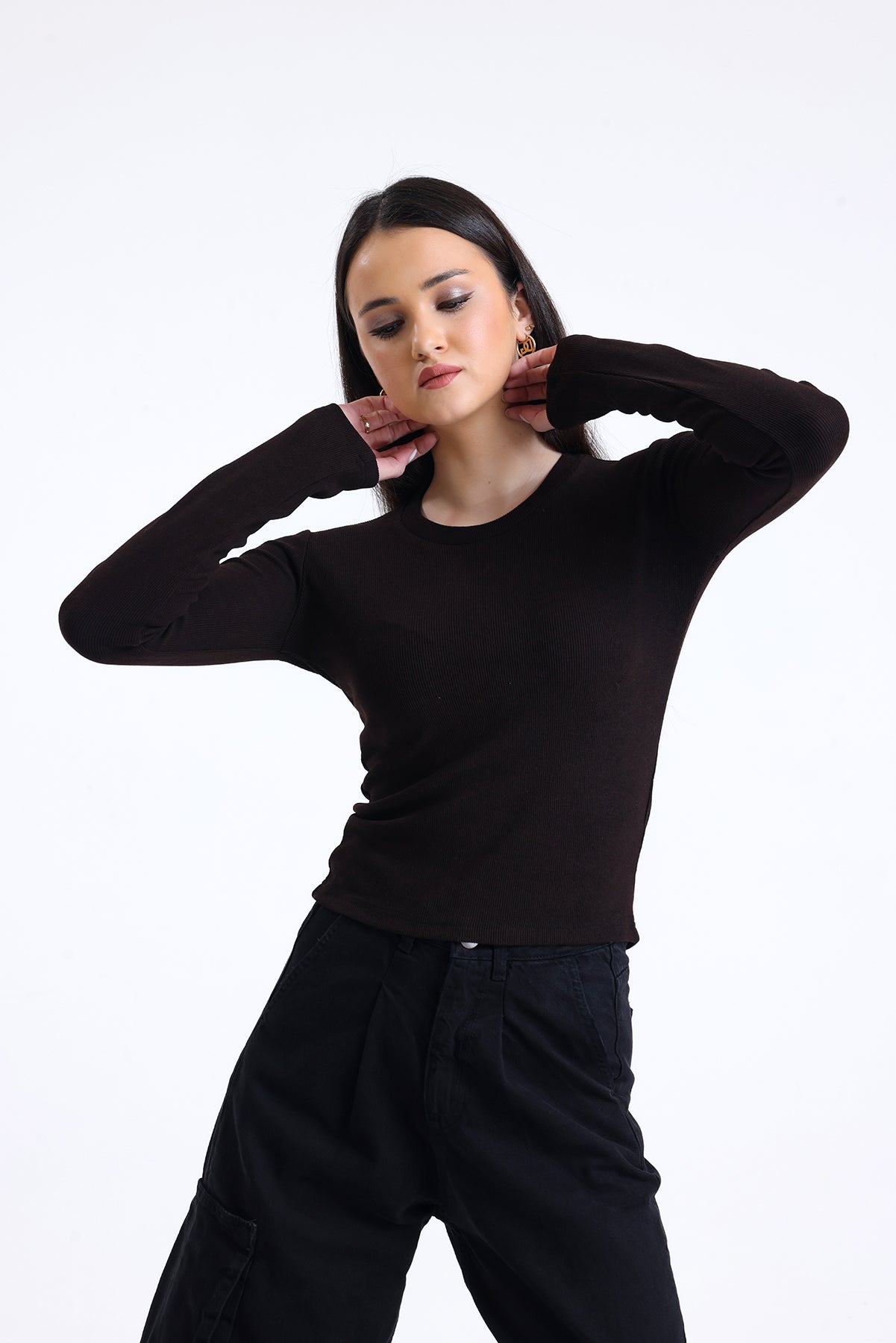 Kahverengi Fitilli Kaşkorse Bisiklet Yaka Uzun Kollu Tişört