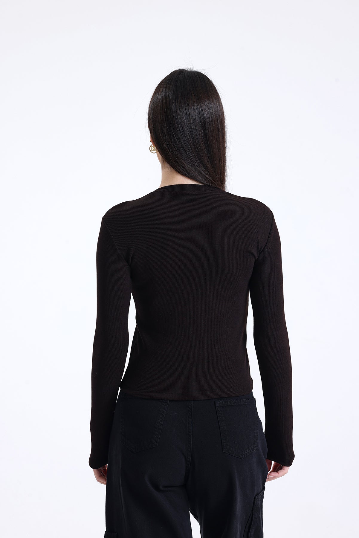 Kahverengi Fitilli Kaşkorse Bisiklet Yaka Uzun Kollu Tişört