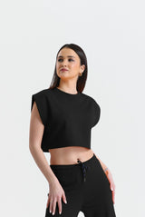 Siyah Basic Kolsuz Crop Sweatshirt